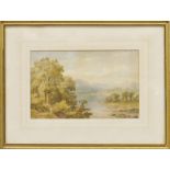 William James Ferguson (act. 1849 - 1886) Watercolour drawing Lakeside landscape with single dinghy,
