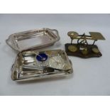 Postal scales with weights, a Walker & Hall silver plated teaspoon, loose flatware  etc