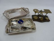 Postal scales with weights, a Walker & Hall silver plated teaspoon, loose flatware  etc