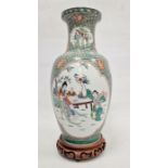 Modern Chinese famille verte oviform vase, iron-red six-character mark to base, each side painted