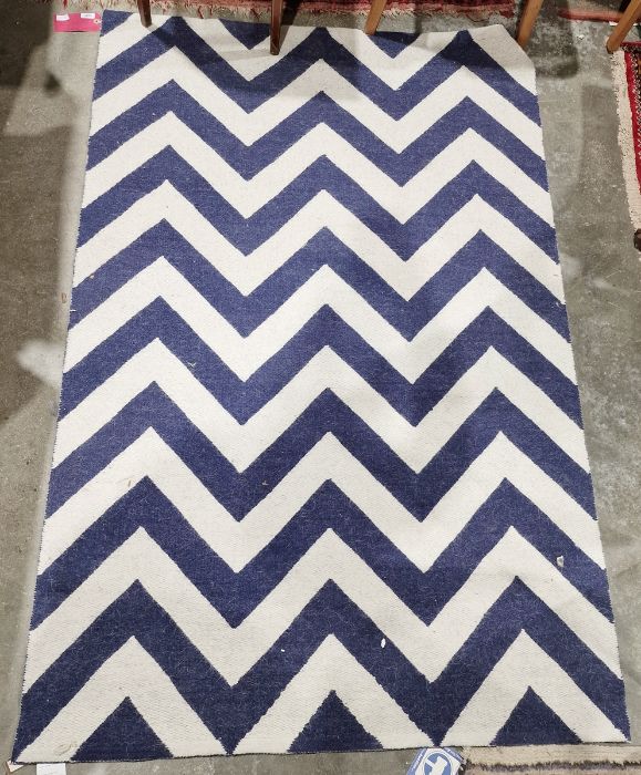 Modern Johnathan Adler Peruvian Llama wool rug with blue and white chevron design rug, 182cm X