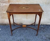 Edwardian Sheraton-style inlaid mahogany occasional table of rectangular form, inlaid with musical