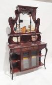 Edwardian mahogany mirror-backed sideboard with scroll shaped shelf flanked by baluster supports and