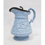 Ridgway & Co relief moulded stoneware blue glazed pewter-mounted jug, circa 1835, impressed,