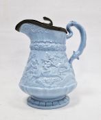 Ridgway & Co relief moulded stoneware blue glazed pewter-mounted jug, circa 1835, impressed,