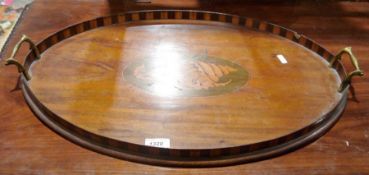 Edwardian mahogany oval tea tray with shell inlay