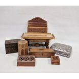 Collection of Eastern wooden items including boxes, a small stool, letter rack, etc (9)