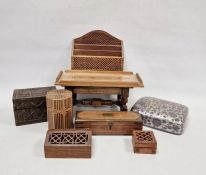 Collection of Eastern wooden items including boxes, a small stool, letter rack, etc (9)