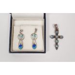 Modern pair of Art Nouveau-style silver and enamel drop earrings and a silver cross set with