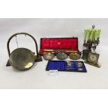 Assorted stainless steel and plated flatware, pewter, a table gong, etc (1 box)