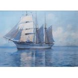 Johann Seits (1887-1967) Watercolour Tall-masted sailing vessel in Loznicka, Serbia, signed and