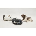 Royal Copenhagen models of a cat, a guinea pig and a cow, printed green and blue wave marks, model