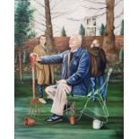 Andy Danks (20th century)  Oil on canvas Elderly gentleman seated in a garden holding a garden fork,