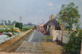 Norman Elford (1931-2007) Acrylic and gouache Study of a station with train approaching and
