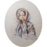 19th century school Watercolour Study of a female wearing a bonnet and shawl, indistinctly signed