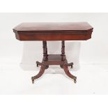 Early 19th century inlaid mahogany foldover top card table, square with canted corners, the swivel