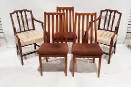 Pair of 20th century carver's armchairs with gold and cream floral upholstery and a set of three
