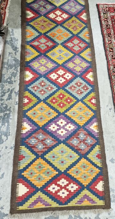 Maimana kilim blue ground runner with trelliswork of lozenge medallions , 207cm x 65cm