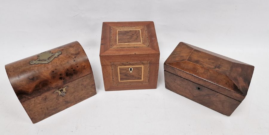 Three tea caddies, the first dome topped walnut with brass shield and swag cartouche, the second - Image 2 of 5