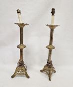 Pair brass, possibly ecclesiastical,  candle holders, converted to table lamps ( 2)