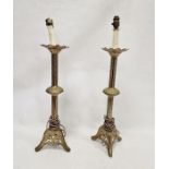 Pair brass, possibly ecclesiastical,  candle holders, converted to table lamps ( 2)