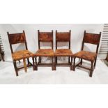 Four oak Jacobean style dining chairs with leather padded seats and backs on stretchered turned