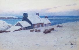 John McDougal (British 1880-1934) Watercolour Winter coastal scene with view out to sea, dwellings