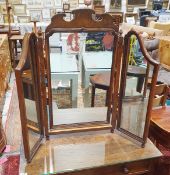 Walnut three-section dressing table mirror with acorn finials and shaped top