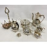 Quantity of silver plate to include teapot, coffee pot, loose flatware, milk jugs (1 box)