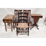 Vintage pine drop-leaf table with carved side drawers together with a walnut sewing table, two oak
