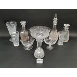 Collection of cut glass, including a Stuart vase of cylindrical form cut with a band of foliage