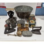 Vintage postal scales, a metal pan on four supports, two smoothing irons, assorted pewter pieces and