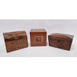 Three tea caddies, the first dome topped walnut with brass shield and swag cartouche, the second