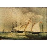 19th century English School Oil on canvas Maritime scene with a two-masted schooner and a lighthouse