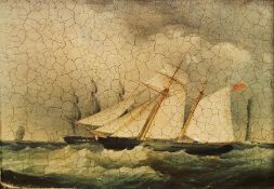 19th century English School Oil on canvas Maritime scene with a two-masted schooner and a lighthouse
