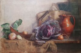 Unattributed 20th century school Watercolour Large still life with red cabbage and ewer, unsigned,
