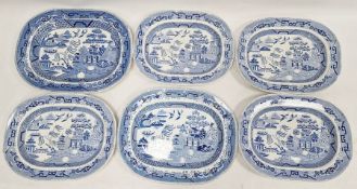 Seven Staffordshire ironstone blue and white transfer printed Willow pattern meat dishes, of