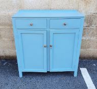 20th century blue painted wooden kitchen cupboard with two short drawers above two panelled cupboard