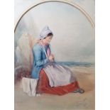 Delia Robins (19th century school) Watercolour  Woman seated by the shore knitting, signed and dated