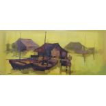 20th century school (possibly Vietnamese) Oil on board River scene with dwellings and boats,