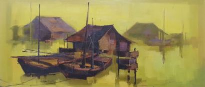 20th century school (possibly Vietnamese) Oil on board River scene with dwellings and boats,
