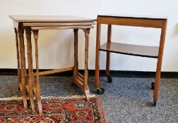 Satinwood nest of three tables having crossbanded borders together with a 20th century teak drinks