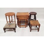 Modern oak nest of three tables, a square rush seated stool, two further stools and a mid century