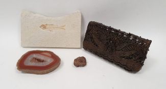 Antique printing block with metal handle, agate slice, a coprolite and a fish-type fossil (1 box)