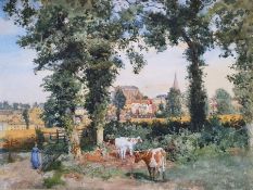 Cyrus Johnson (1848-1925) Watercolour Nineteenth century view of Malmesbury with young woman and