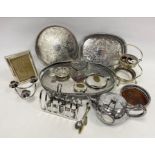 Assorted silver plate to include oval trays, toast rack, teapot (1 box)