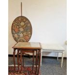 19th century mahogany polescreen in petitpoint oval panel together with a modern white painted stool