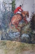 Daniel Crane (b.1969)  Watercolour "Neckstrap", hunting scene depicting horse and rider jumped a