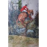Daniel Crane (b.1969)  Watercolour "Neckstrap", hunting scene depicting horse and rider jumped a