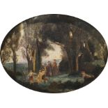 19th century school Oil on board Woodland scene with figures dancing in clearing, unsigned, oval